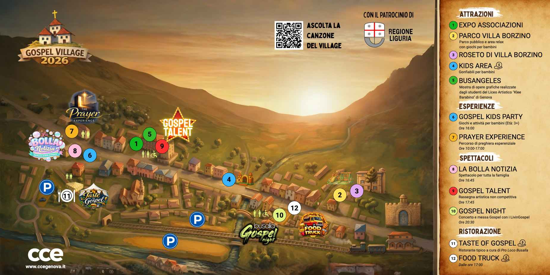 Mappa illustrata del Gospel Village con i punti